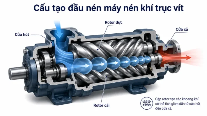 Máy nén khí trục vít là gì? Cấu tạo, nguyên lý và ứng dụng 1 Cấu tạo đầu nén máy nén khí trục vít với hai rotor