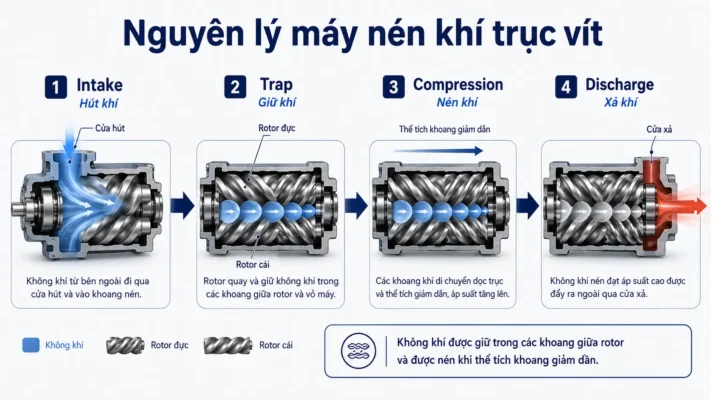 Máy nén khí trục vít là gì? Cấu tạo, nguyên lý và ứng dụng 2 Nguyên lý hoạt động máy nén khí trục vít qua bốn giai đoạn
