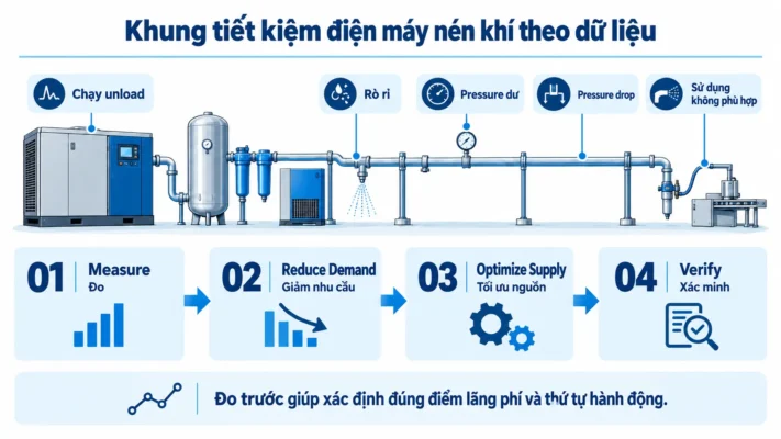 Cách tiết kiệm điện máy nén khí trong nhà máy 1 Tiết kiệm điện máy nén khí bằng đo tải và tối ưu toàn hệ thống