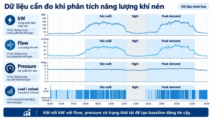 Cách tiết kiệm điện máy nén khí trong nhà máy 2 Biểu đồ công suất lưu lượng và áp suất máy nén khí theo thời gian
