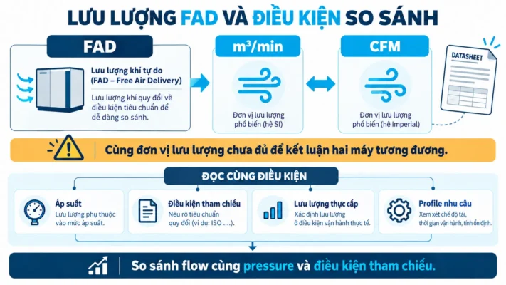 Thông số kỹ thuật máy nén khí: Cách đọc đúng trước khi chọn máy 2 So sánh FAD CFM và m3 min khi đọc thông số máy nén khí
