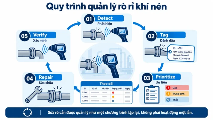 Cách tiết kiệm điện máy nén khí trong nhà máy 3 Quy trình phát hiện sửa và xác minh rò rỉ khí nén