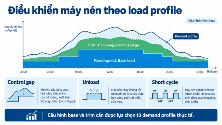 Cách tiết kiệm điện máy nén khí trong nhà máy 4 Điều khiển fixed speed và VSD theo load profile khí nén