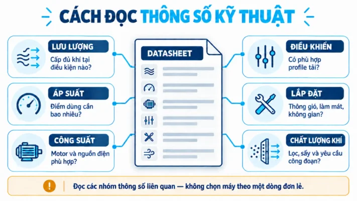 Thông số kỹ thuật máy nén khí: Cách đọc đúng trước khi chọn máy 1 Sơ đồ các thông số kỹ thuật cần đọc trên datasheet máy nén khí