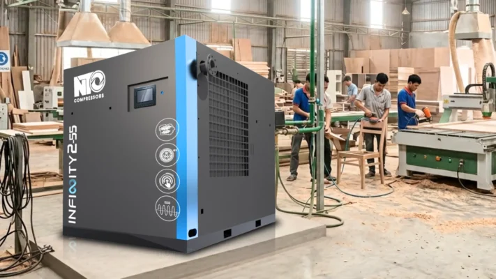 Máy nén khí vận hành trong nhà máy gỗ với nhiều mùn cưa ảnh hưởng đến hiệu suất hoạt động của toàn bộ hệ thống máy
