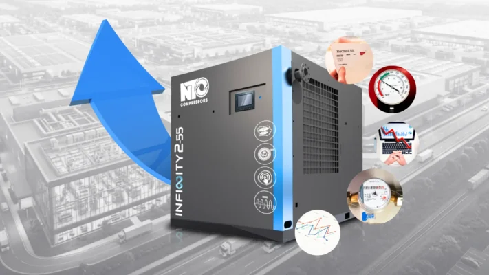 Máy nén khí có hiệu suất vận hành cao giúp doanh nghiệp tiết kiệm năng lượng, giảm chi phí bảo trì bảo dưỡng, tăng độ ổn định của hệ thống và tối ưu hiệu quả sản xuất.