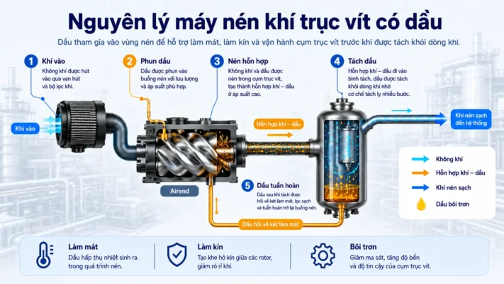 Máy nén khí trục vít có dầu và không dầu khác nhau thế nào? 1 Nguyên lý máy nén khí trục vít có dầu oil injected