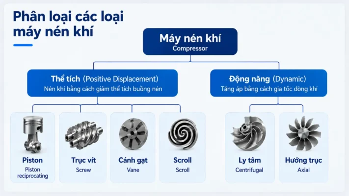 Các loại máy nén khí 2026: Phân loại, nguyên lý và ứng dụng từng loại 1 Sơ đồ phân loại các loại máy nén khí công nghiệp