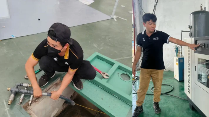 Set Up Air Compressors: Smart 2026 Guide for Reliable Industrial Systems 2 NTMC’s technicians prepare air flow pipes for clients during industrial air compressor installation.