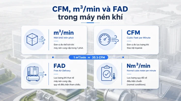 Lưu lượng máy nén khí là gì? CFM, m³/min và cách chọn đúng 2 So sánh CFM m3 min FAD và Nm3 min của máy nén khí