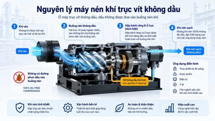 Máy nén khí trục vít có dầu và không dầu khác nhau thế nào? 2 Cấu tạo máy nén khí trục vít không dầu oil free