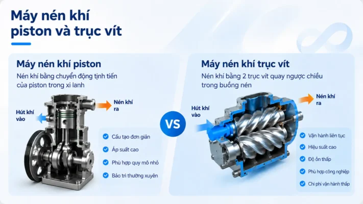 Các loại máy nén khí 2026: Phân loại, nguyên lý và ứng dụng từng loại 2 So sánh nguyên lý máy nén khí piston và trục vít