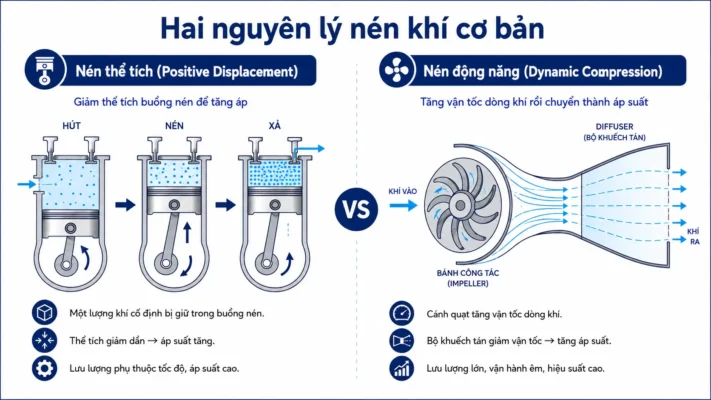 Cấu tạo và nguyên lý hoạt động máy nén khí 2 So sánh nguyên lý nén thể tích và nén động năng của máy nén khí