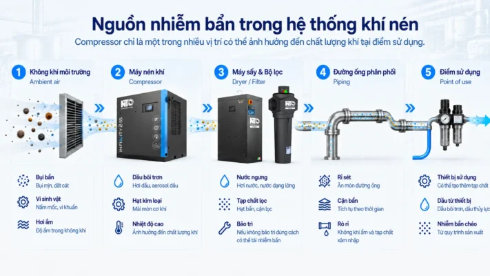 Máy nén khí trục vít có dầu và không dầu khác nhau thế nào? 3 Các nguồn bụi dầu nước và nhiễm bẩn trong hệ thống khí nén