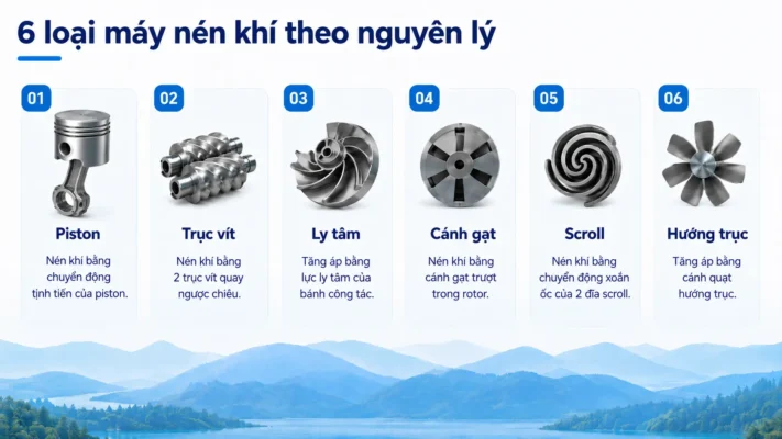 Các loại máy nén khí 2026: Phân loại, nguyên lý và ứng dụng từng loại 3 Các loại máy nén khí piston trục vít ly tâm cánh gạt scroll và hướng trục