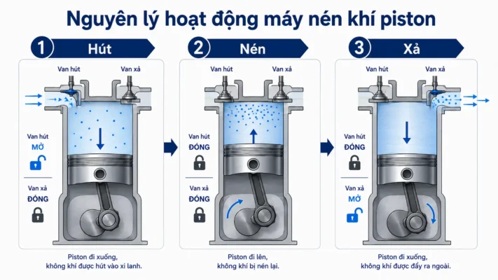 Cấu tạo và nguyên lý hoạt động máy nén khí 3 Nguyên lý hoạt động máy nén khí piston qua ba giai đoạn