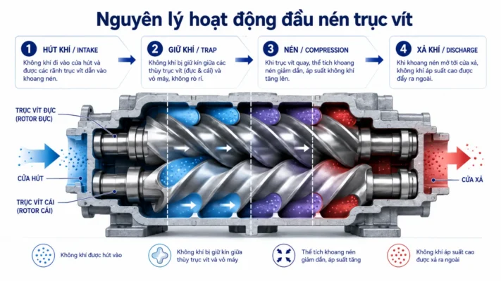 Cấu tạo và nguyên lý hoạt động máy nén khí 4 Cấu tạo và nguyên lý hoạt động đầu nén máy nén khí trục vít