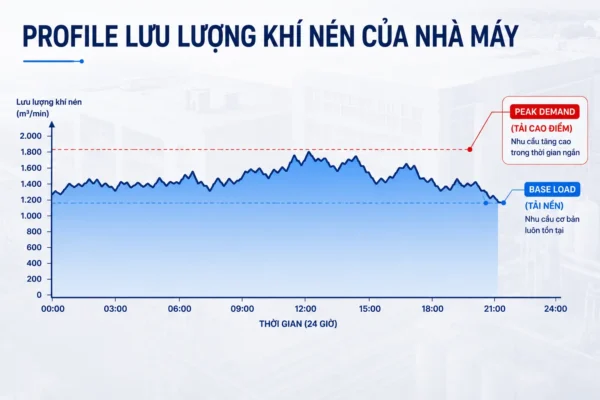 Lưu lượng máy nén khí là gì? CFM, m³/min và cách chọn đúng 4 Biểu đồ lưu lượng khí nén theo thời gian trong nhà máy