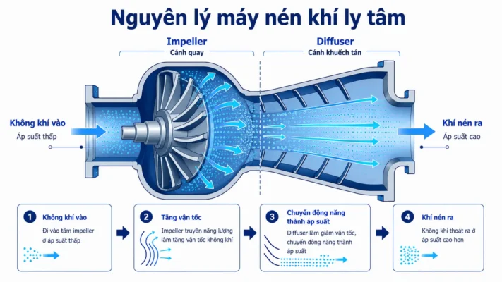 Cấu tạo và nguyên lý hoạt động máy nén khí 5 Nguyên lý hoạt động máy nén khí ly tâm với impeller và diffuser