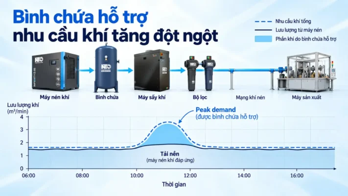 Bình chứa khí nén là gì? Cấu tạo, nguyên lý và vai trò 3 Bình chứa khí nén hỗ trợ tải đỉnh ngắn hạn trong nhà máy