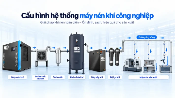 Hệ thống khí nén công nghiệp gồm những gì? Sơ đồ và chức năng 2 Cấu hình máy nén bình chứa máy sấy bộ lọc và đường ống khí nén