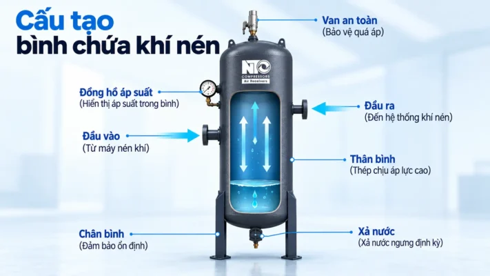 Bình chứa khí nén là gì? Cấu tạo, nguyên lý và vai trò 2 Cấu tạo bình chứa khí nén công nghiệp và các bộ phận chính