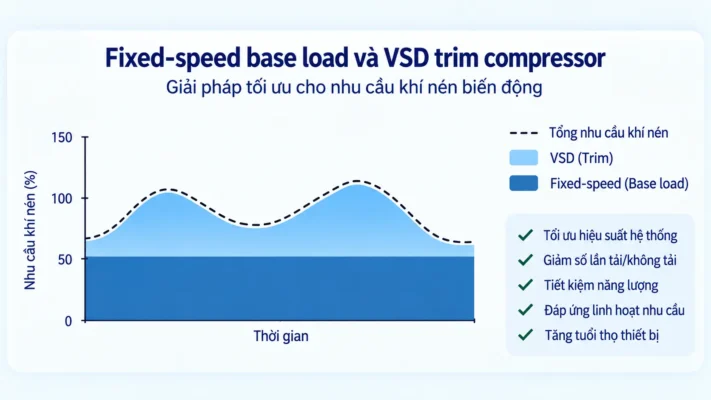 Máy nén khí biến tần VSD và tốc độ cố định: Khi nào nên chọn? 4 Cấu hình fixed speed base load và máy nén khí VSD trim