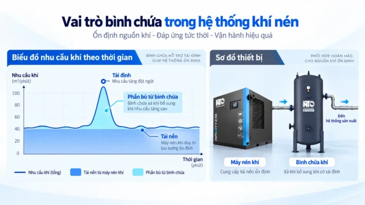 Hệ thống khí nén công nghiệp gồm những gì? Sơ đồ và chức năng 3 Vai trò bình chứa khí nén khi nhu cầu khí tăng đột ngột