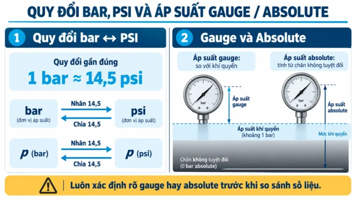 Áp suất máy nén khí là gì? Bar, PSI và áp suất làm việc 2 Infographic quy đổi bar PSI và áp suất gauge absolute.