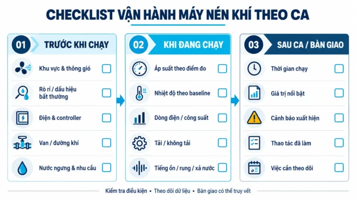 Vận hành máy nén khí đúng cách 1 Vận hành máy nén khí theo checklist trước trong và sau khi chạy