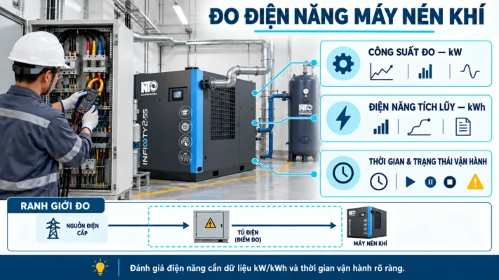 Công suất máy nén khí là gì? Cách tính và quy đổi HP, kW 4 Kỹ thuật viên đo công suất và điện năng của máy nén khí công nghiệp.