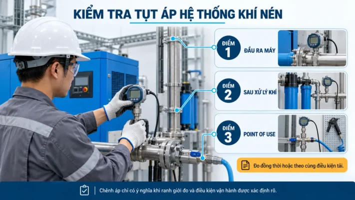 Áp suất máy nén khí là gì? Bar, PSI và áp suất làm việc 4 Kỹ thuật viên đo chênh áp trong hệ thống khí nén công nghiệp.