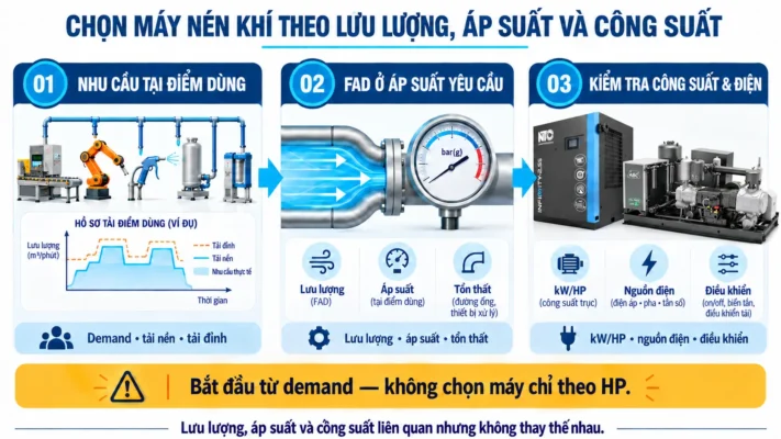 Công suất máy nén khí là gì? Cách tính và quy đổi HP, kW 3 Quy trình chọn máy nén khí từ demand đến lưu lượng áp suất và công suất.