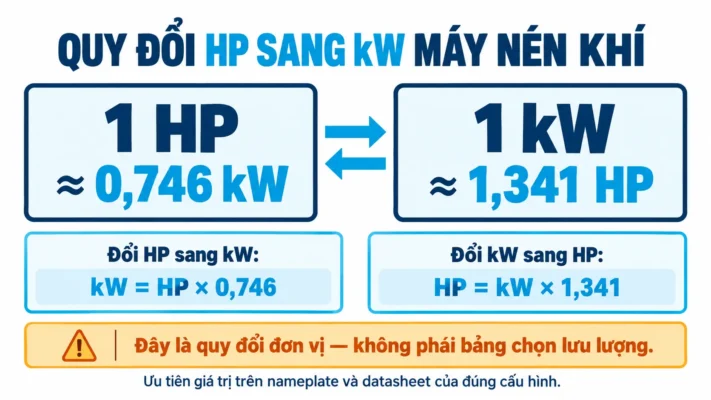 Công suất máy nén khí là gì? Cách tính và quy đổi HP, kW 2 Bảng quy đổi HP sang kW cho công suất máy nén khí.