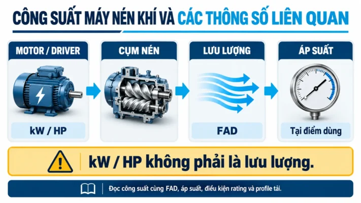 Công suất máy nén khí là gì? Cách tính và quy đổi HP, kW 1 Sơ đồ công suất máy nén khí liên hệ với lưu lượng và áp suất.