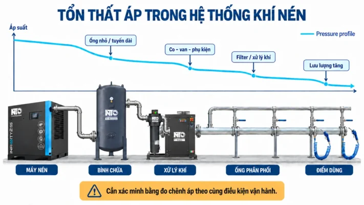 Áp suất máy nén khí là gì? Bar, PSI và áp suất làm việc 1 Sơ đồ áp suất máy nén khí từ đầu ra đến điểm dùng.
