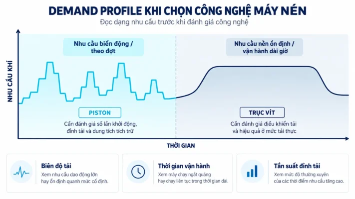 Máy nén khí piston và trục vít công nghiệp 3 Biểu đồ profile tải để chọn máy nén khí piston hoặc trục vít.