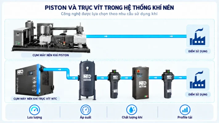 Máy nén khí piston và trục vít công nghiệp 2 Sơ đồ piston và trục vít trong hệ thống khí nén công nghiệp.