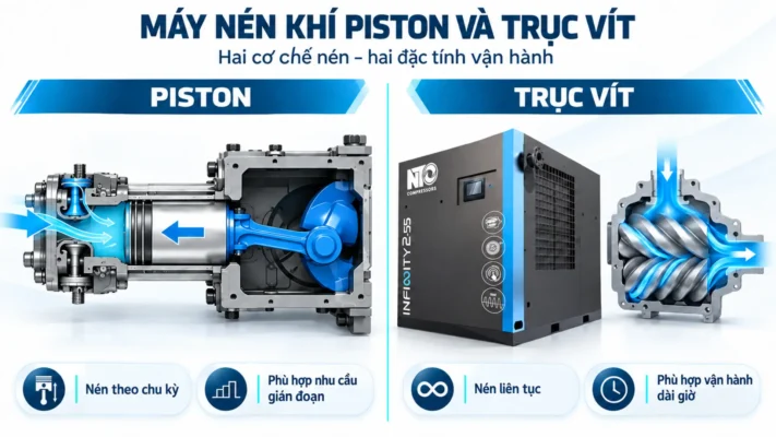 Máy nén khí piston và trục vít công nghiệp 1 Sơ đồ so sánh nguyên lý máy nén khí piston và trục vít.