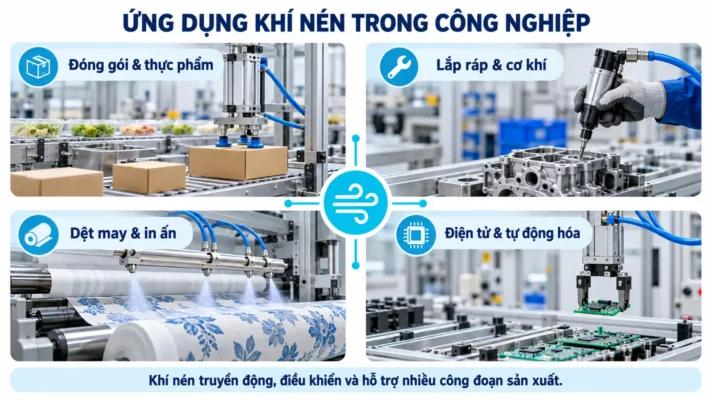 Khí nén là gì? Nguyên lý tạo khí nén và ứng dụng trong công nghiệp 4 Infographic ứng dụng khí nén trong dây chuyền công nghiệp.